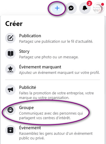 Capture d'écran pour créer un groupe depuis sa page facebook