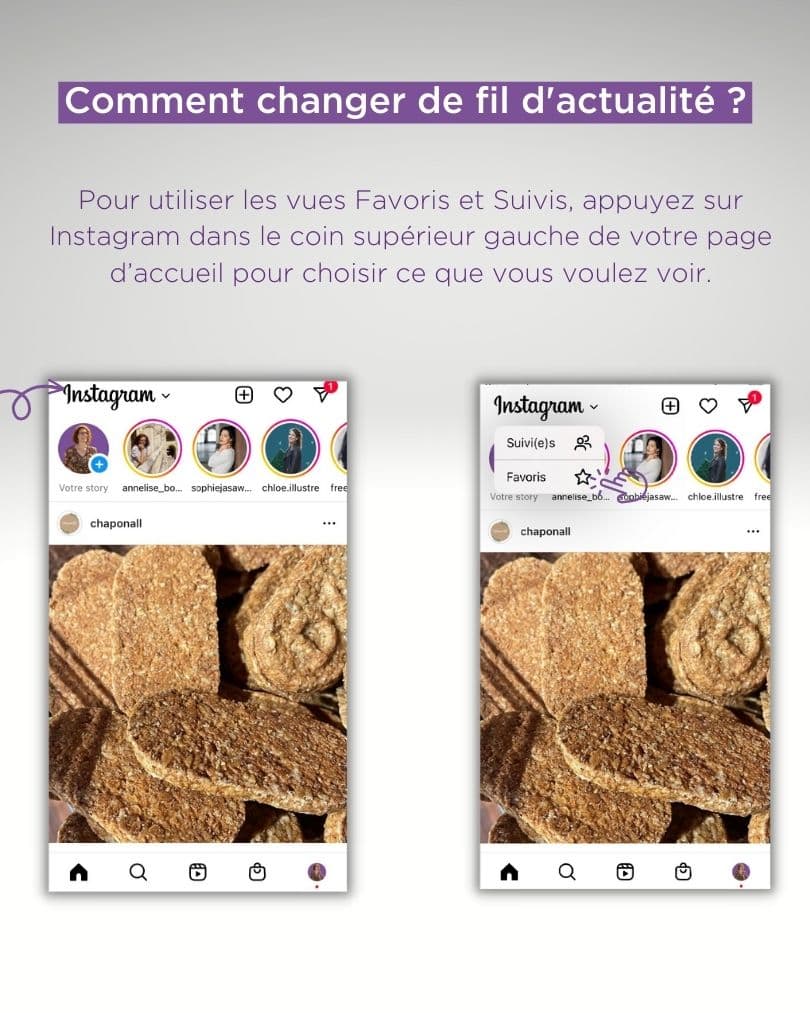 Nouveaux feeds Instagram, choix entre le feed "suivis" ou "favoris"